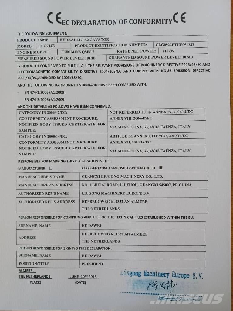 LiuGong CLG 922 E Roomikekskavaatorid