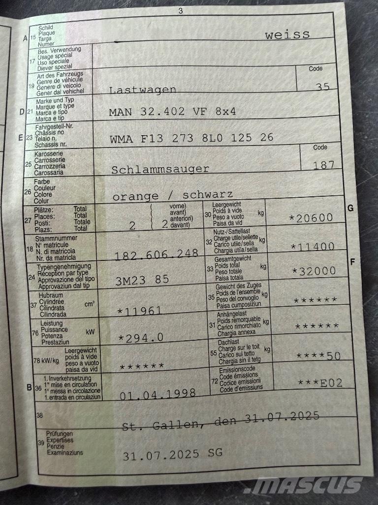 MAN 32.402 VF 8x4 Vaakumautod