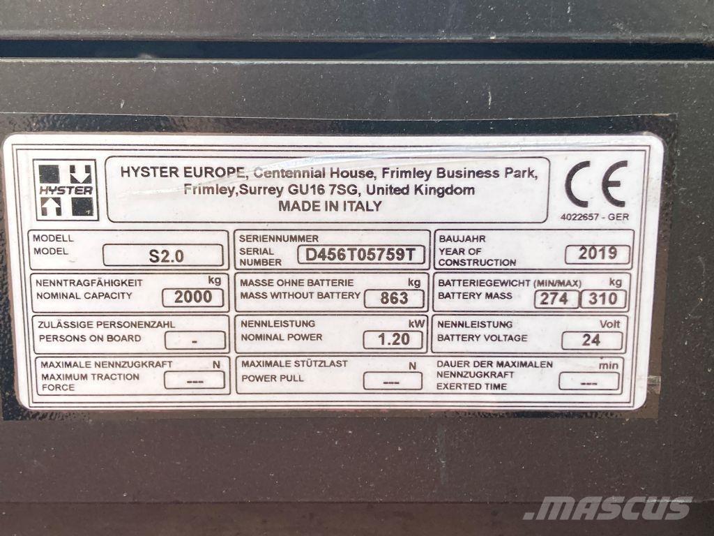 Hyster S 2.0 Järelkäidavad virnastajad