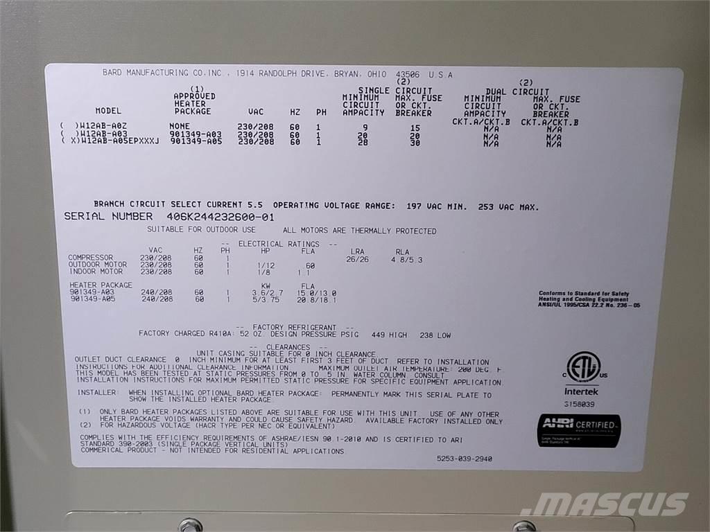  BARD W12AB-A05EPXXXJ Kütte- ja sulatusseadmed