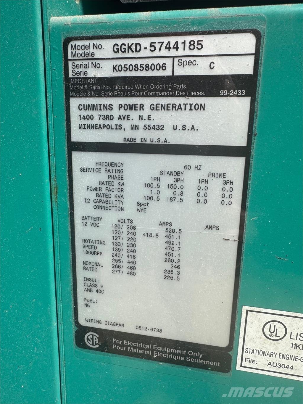 Cummins 150kW Gaasigeneraatorid
