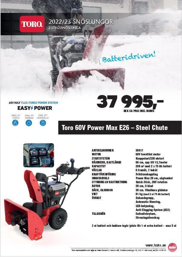 Toro Power Max E26 Batteridriven 2-stegs snöslunga Lumefreesid